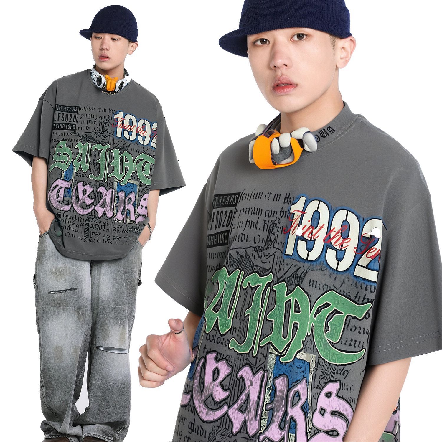 American Retro gray loose fit hip hop graffiti letter print cotton short sleeve shirt for teenagers