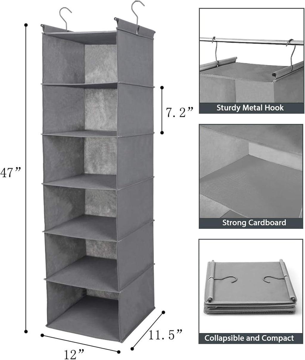 6 Tier Shelf Hanging Closet Organizer, Closet Hanging Shelf with 2 Sturdy Hooks for Storage, Foldable (Grey)